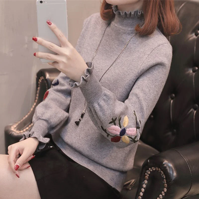 Осенне-зимняя Женская водолазка с вышивкой женский свитер куртка большого
