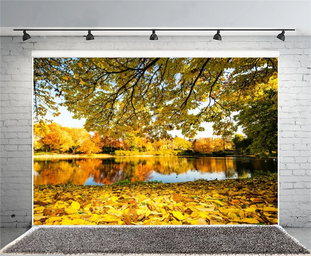Laeacco Autumn Trees Fallen Yellow Leaves Lake Natural Scenic Photography Backgrounds Photographic Backdrops For Photo Studio |