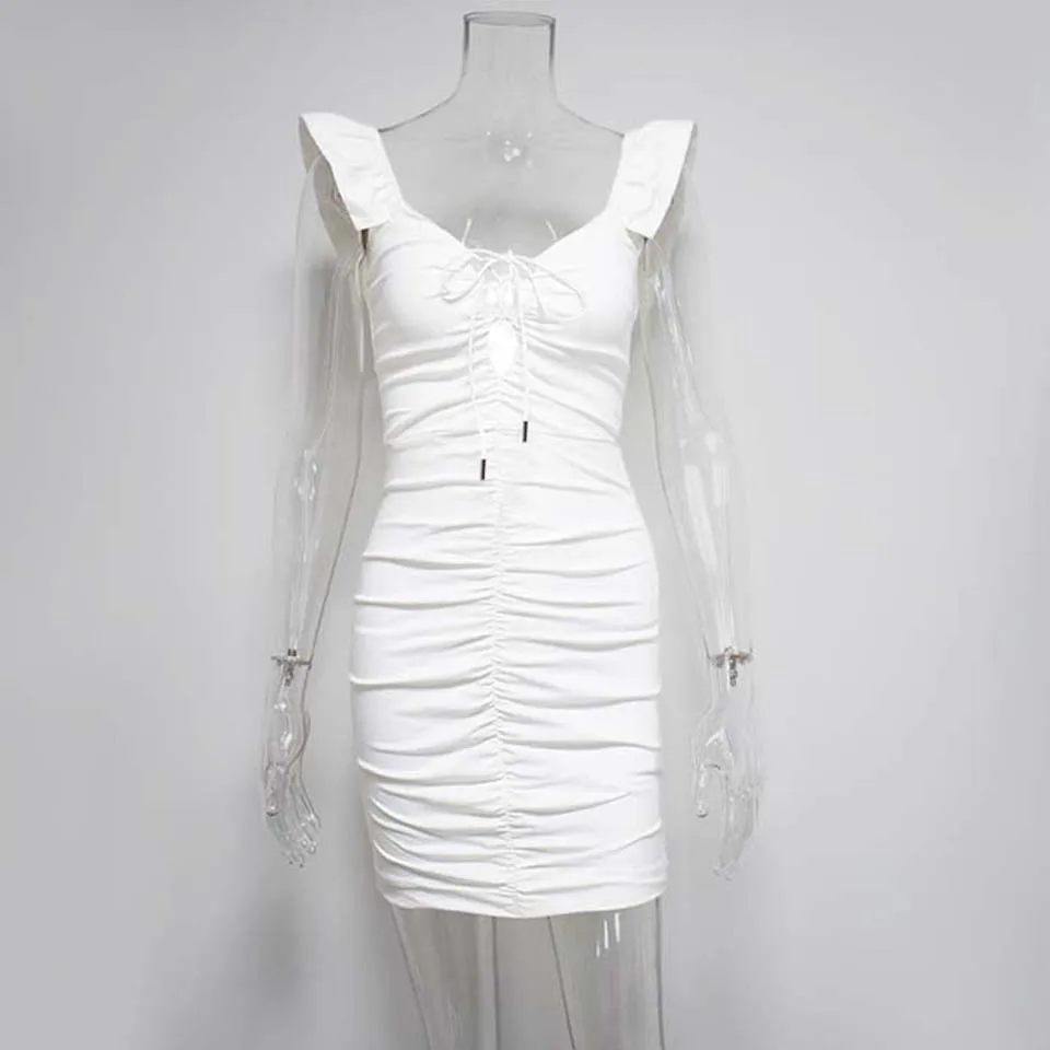 Karlofea Ruched Ruffles платье женское белое хлопковое облегающее мини леди Отдых милые