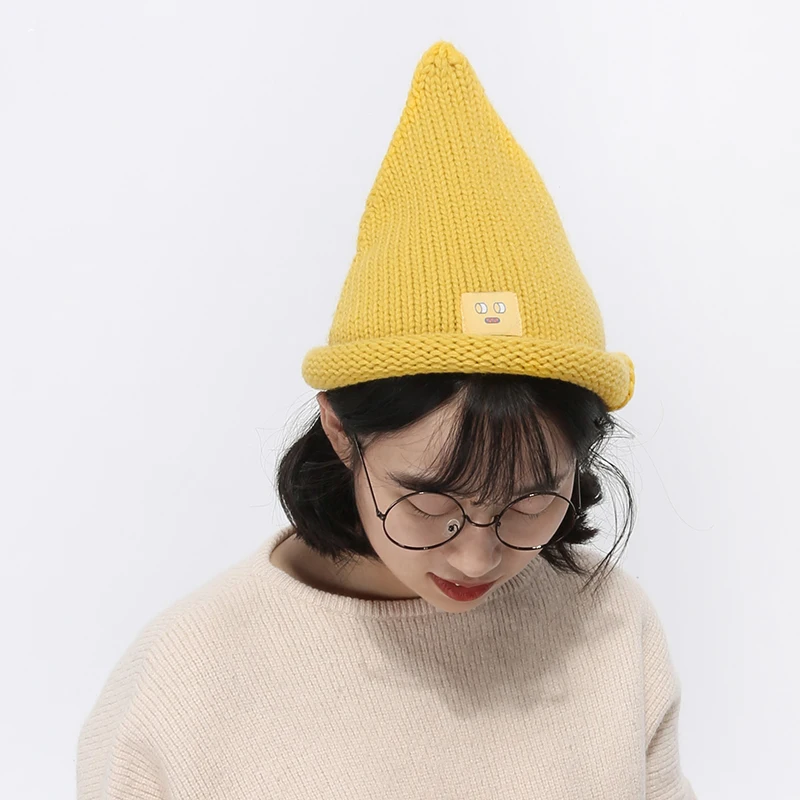2019 Winter Fashion Knitted Black Hat Autumn Woman Thick Warm Wool Cap Ladies New Triangle Curling Print Casual | Аксессуары для