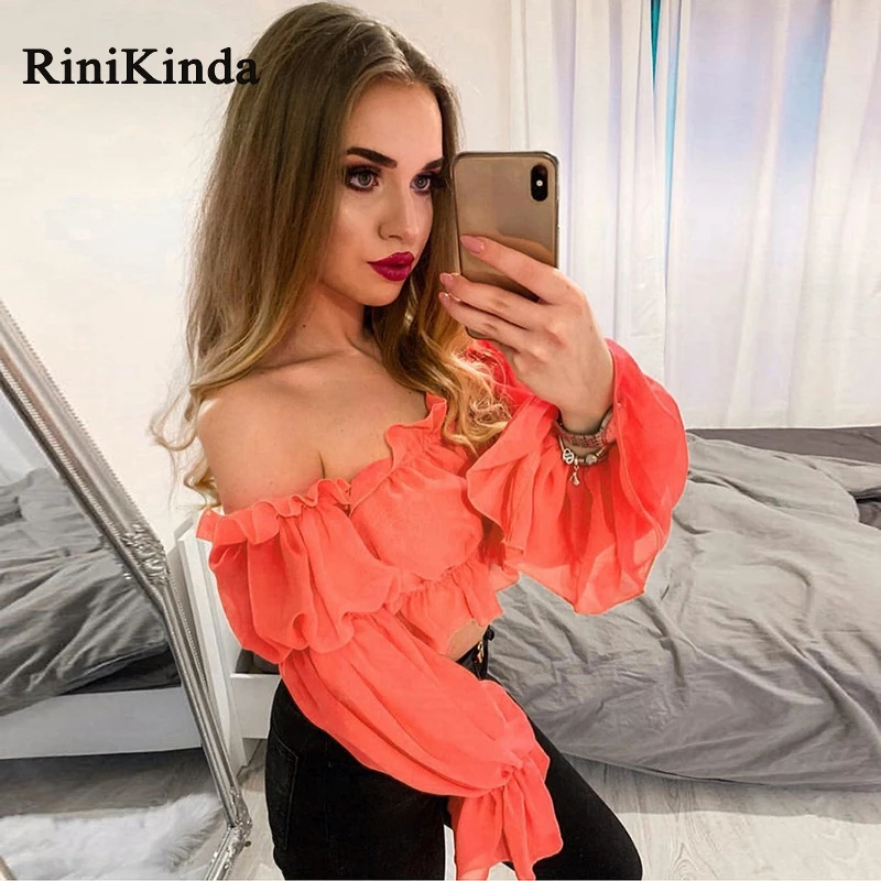 RINIKINDA модная женская короткая рубашка блузка с оборками длинным рукавом