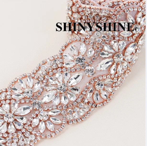 ShinyShine Хрустальная Свадебная Аппликация из бисера патч горный хрусталь отделка Серебристая аппликация из горного хрусталя отделка свадебный пояс для невесты пояс RA085T - Цвет: Rose Gold