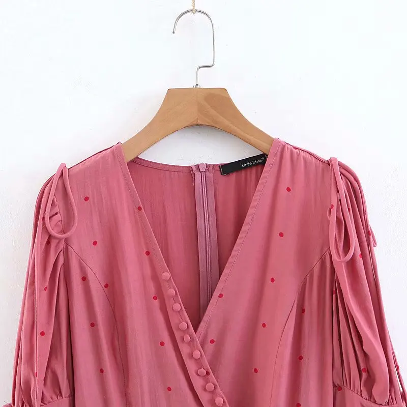 2019 mini boho dress for women pink vintage puff sleeve beach summer dresses sexy deep V-neck short ruffles vestidos | Женская одежда