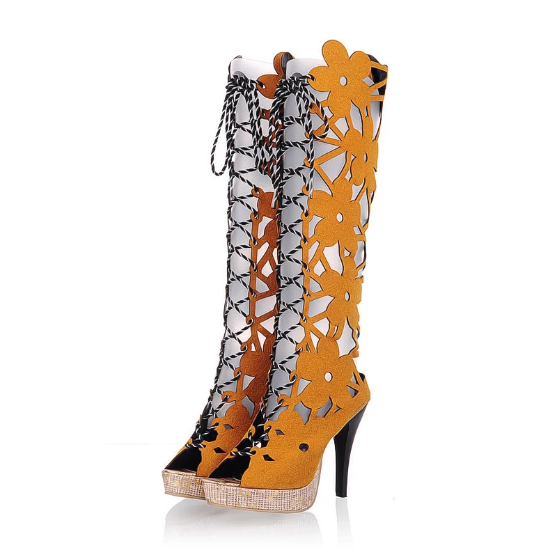 Женские сандалии на шпильке с открытым носком шнуровке|high gladiator sandals|knee high