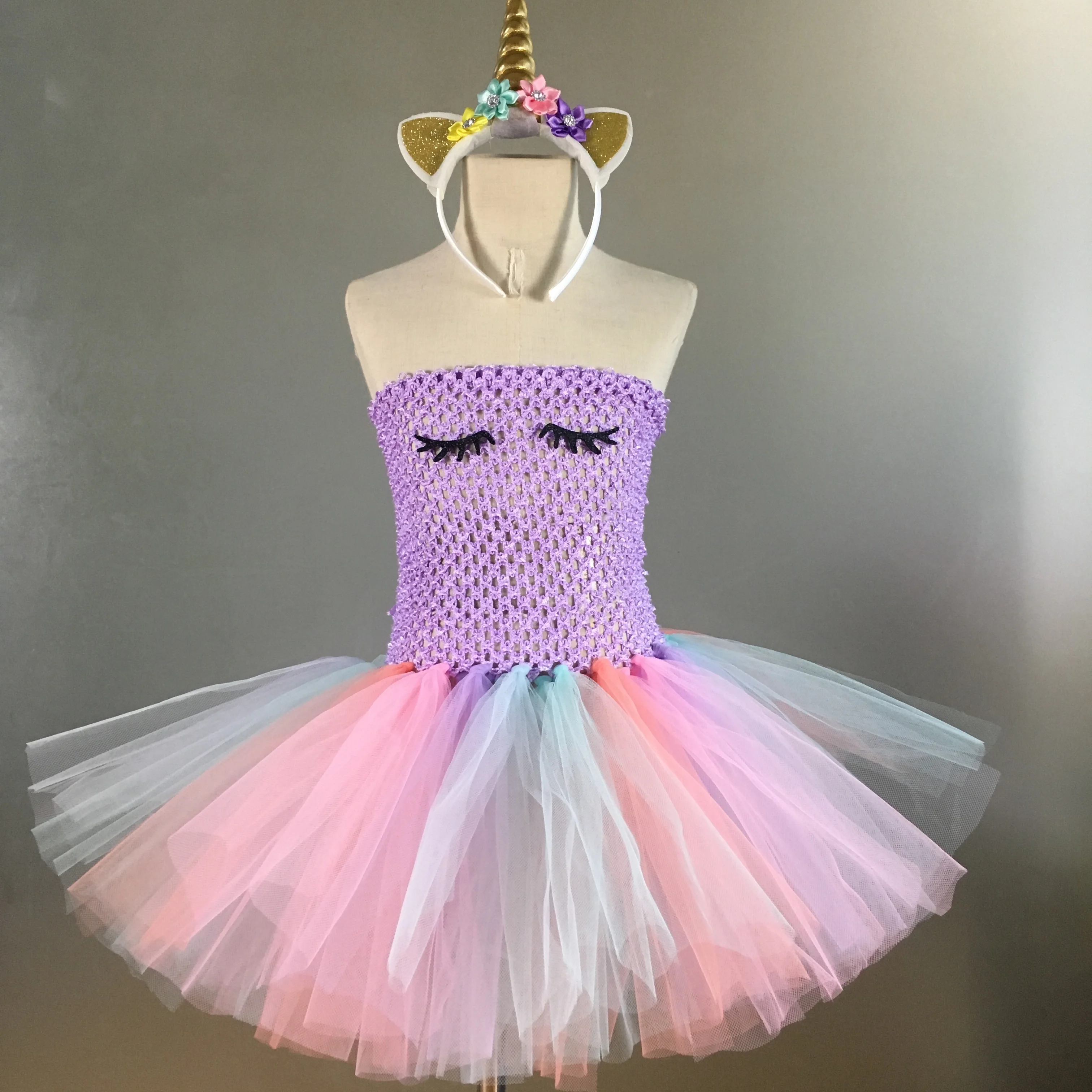 Girls Pastel Unicorn Tutu Dress Kids Crochet Corset Tulle with Flower Hairbow Set Children Cosplay Party Costume Dresses | Детская