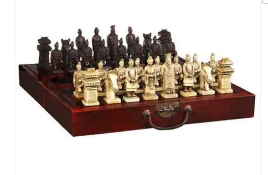 decoration brass factory Pure Brass Antique (32 Pieces) Classical Wooden Manual Terracotta Warriors Chess , With Red Box