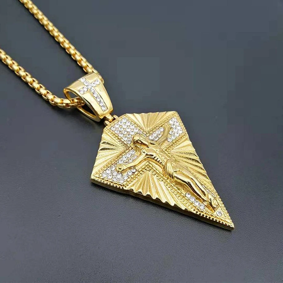 Ожерелье с подвеской в стиле хип-хоп Iced Out Bling Jesus Cross для мужчин золотистого цвета