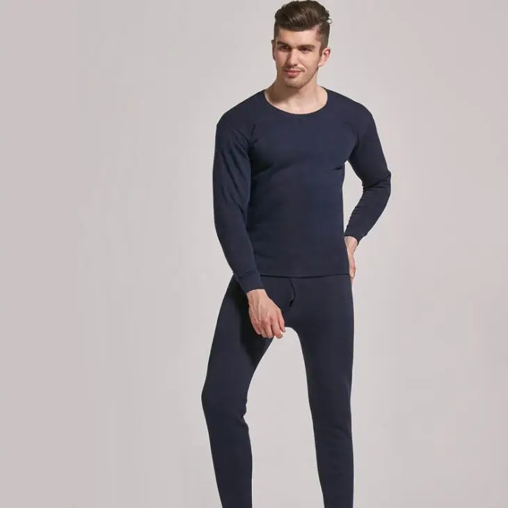 Navy Blue Мужское термобелье, комплект зимнего теплого нижнего белья, кальсоны, утолщенные, кашемир из флиса, топы, штаны, 2 штуки, костюм размера плюс, XXXL, 4XL - Color: Navy Blue