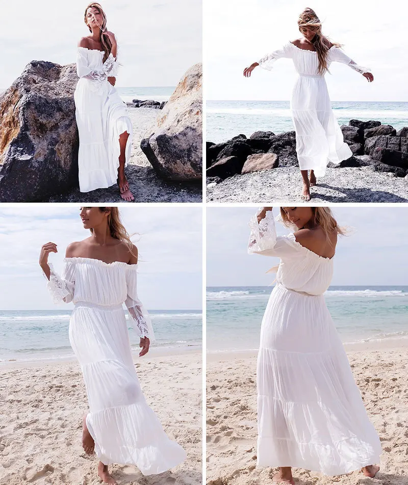 

Beach Dresses White Women Sexy Off The Shoulder Lace Patchwork Summer Beach Sundress Ladies Slash Neck Maxi Dress no belt
