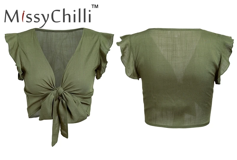 MissyChilli с оборками и бантом, v-образный вырез, плюс размер, женский укороченный топ, красный тонкий бандаж, Осенний топ на бретелях, женский зеленый Фитнес, повседневный Топ, футболка на бретельках