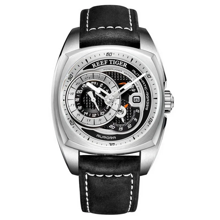 Reef Tiger RGA3319 модные спортивные часы из натуральной кожи ремешок мужские водонепроницаемые автоматические наручные часы Seld-wind-серебро