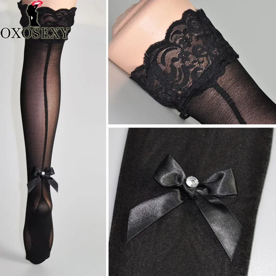 Новинка лидер продаж прозрачные чулки до бедра с бантом для женщин задним швом в