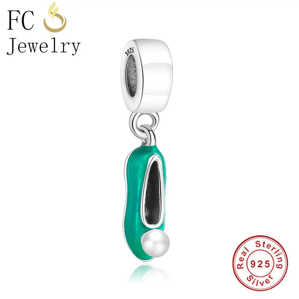 

FC Jewelry Fit Original BrandCharms Bracelet100% 925 Silver Green Enamel Tinker Bell Shoe White Pearl Pendant Beads Berloque