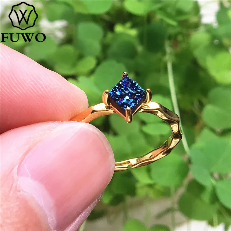 FUWO квадратное кольцо Aura Druzy с 24K золотым наполнением, минималистичный дизайн, необработанные кольца Druzy для женщин, регулируемый размер RG017