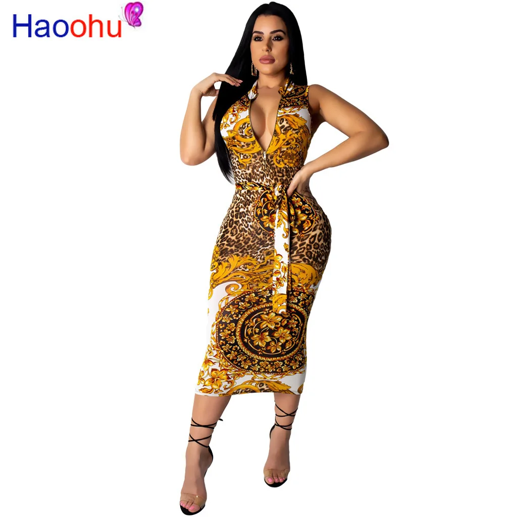 

HAOOHU 2019 Summer Women Sleeveless Vintage with Sash Midi Dress Bodycon Night Club Pencil Zipper Up Dresses Vestidos M7179