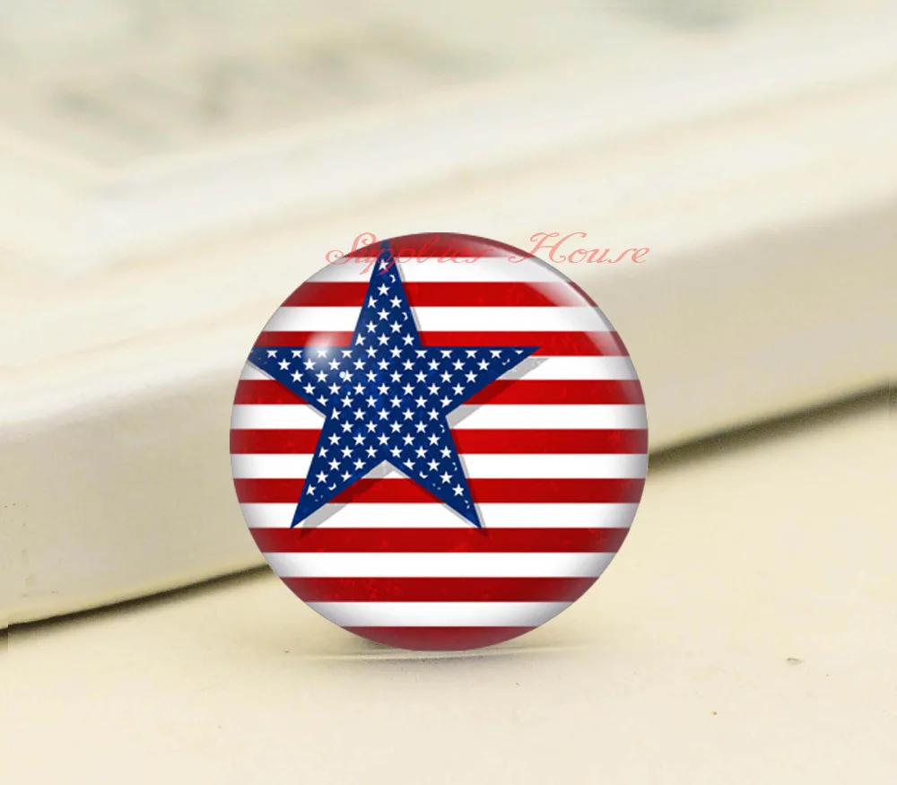 Handmade Round US Flag Star 4th of July photo glass Cabochons, Jewelry Finding Cameo Pendant Settings, (F008-1450)