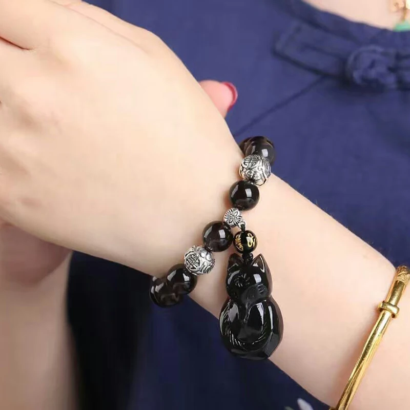 Подвеска из натурального обсидиана 10 мм с круглыми бусинами|bracelet lucky|bracelet 10mmbracelet