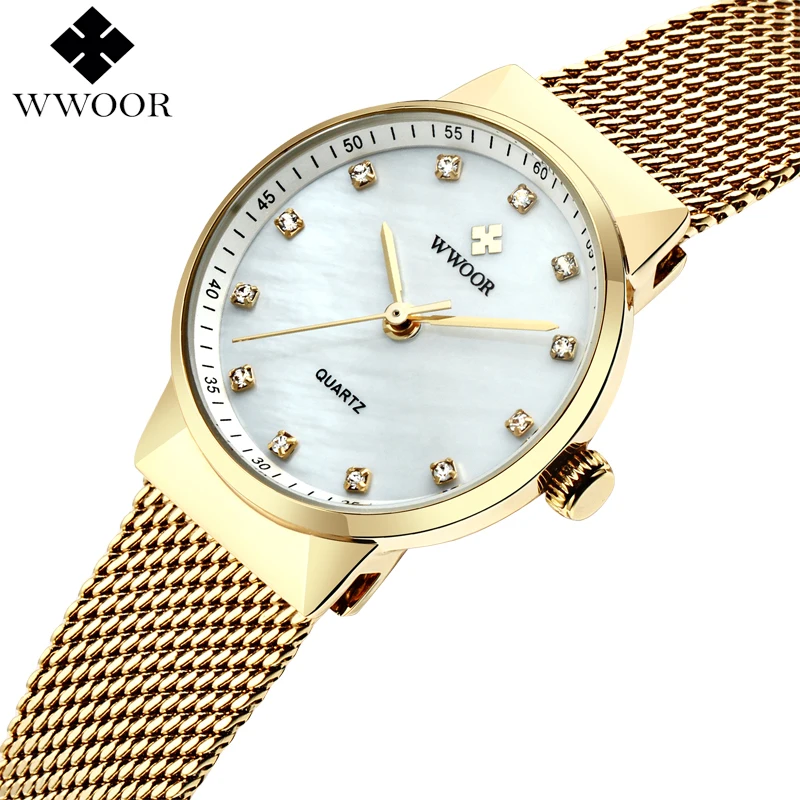 Лучший бренд класса люкс WWOOR Для женщин Водонепроницаемый золотые часы