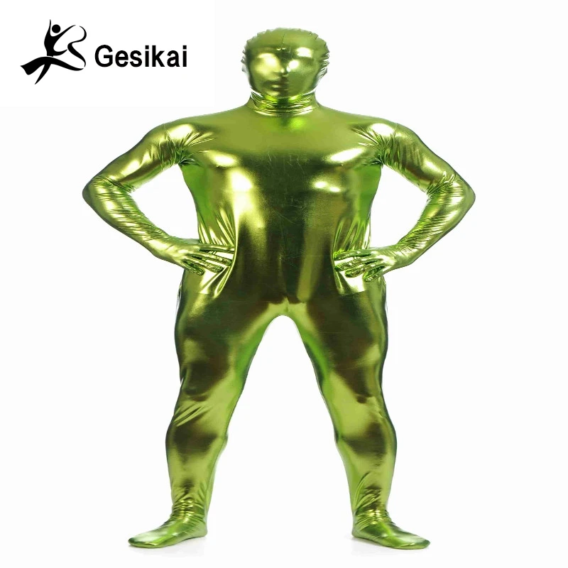 Мужское блестящее боди Zentai с металлическим блеском костюмы колготками на молнии