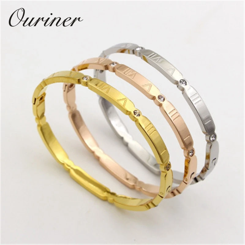 Brand Jewelry Women Bangles Stainless Steel Gold-Color Crystal Bracelet Carving Roman Numerals Bangle &amp K0103 |