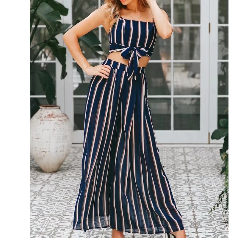 Casual Women 2 Pieces Set Office Lady Stripe Sleeveless Bow Tank Pants Summer Elegant Piece Korean Style | Женская одежда