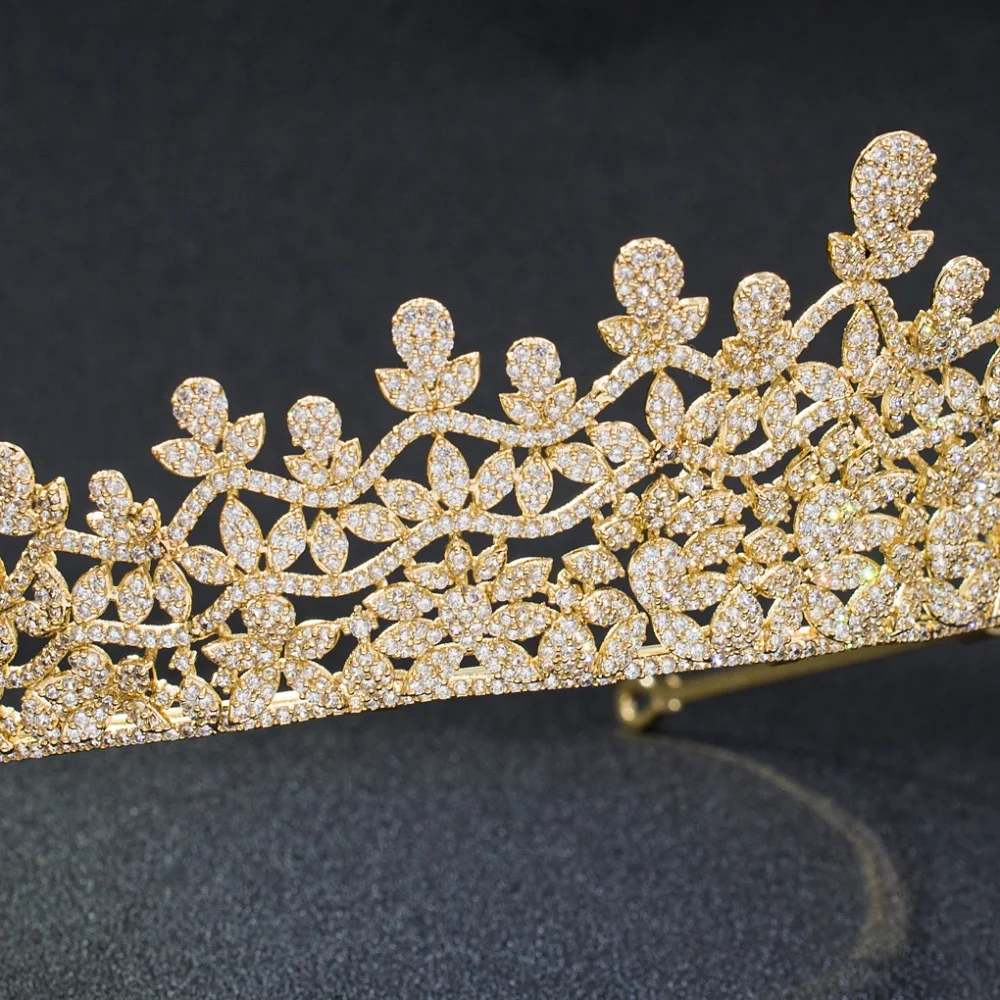 Классический Полный 5A cz кубического циркония Royal Свадебные Золото Тон тиара Корона Для женщин девочек вечерние Украшения для волос Интимные аксессуары s00032t4