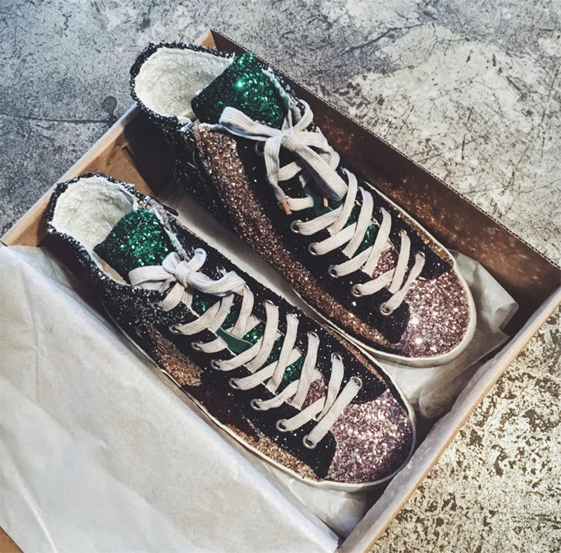 Women Casual Shoes Genuine Leather Do Old Dirty High Top Sneakers Mixed Color Sequins Fashion Golden Superstar | Обувь