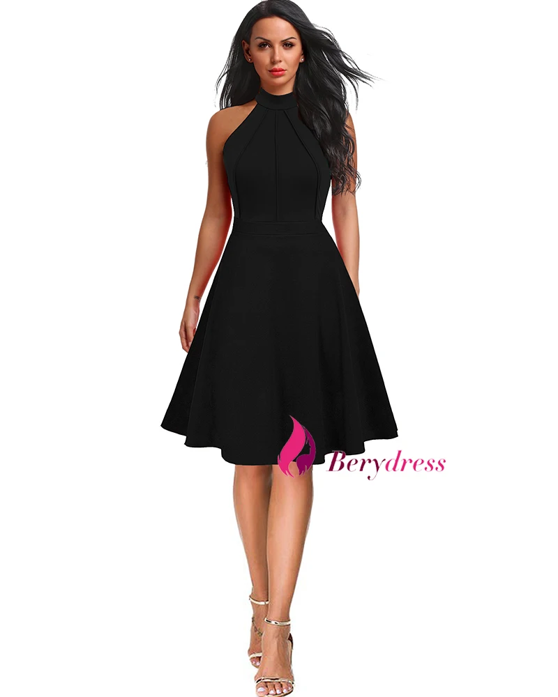 Berydress, винтажное, женское, сексуальное, с бретелькой через шею, для свадебной вечеринки, Vestidos, без рукавов, борцовка спереди, белое, черное, ТРАПЕЦИЕВИДНОЕ, миди, приталенное платье