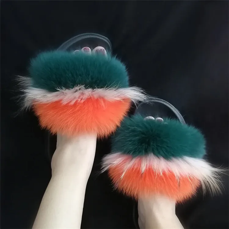 Women Fox Fur Slippers Real Fox Fur Slides Lovely Plush Slippers Woman Summer Home Sandals Women Fur Slides Furry Flip Flops Hot