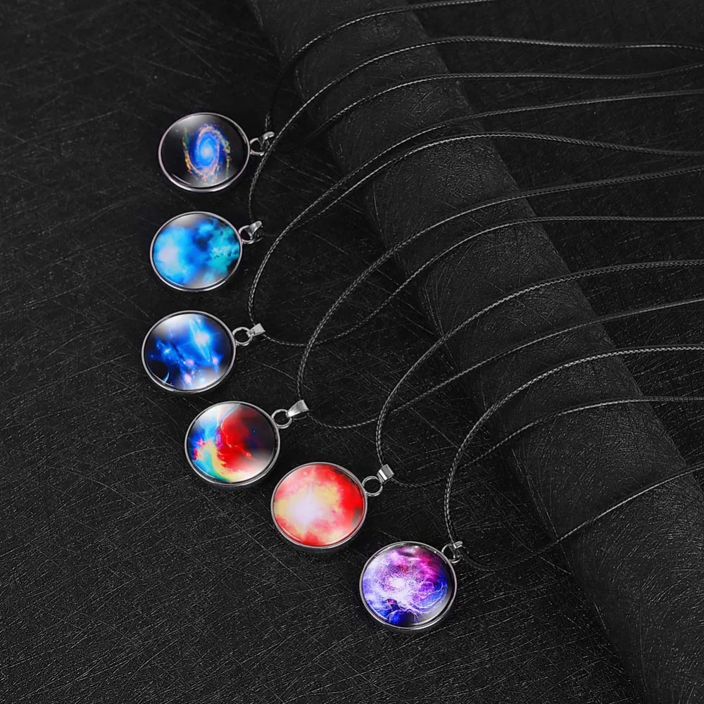 New Fashion 6 Style Galaxy Glass Pendant Outer Space Necklace Universe Jewelry Black Leather Rope Handmade Choker Gift | Украшения и