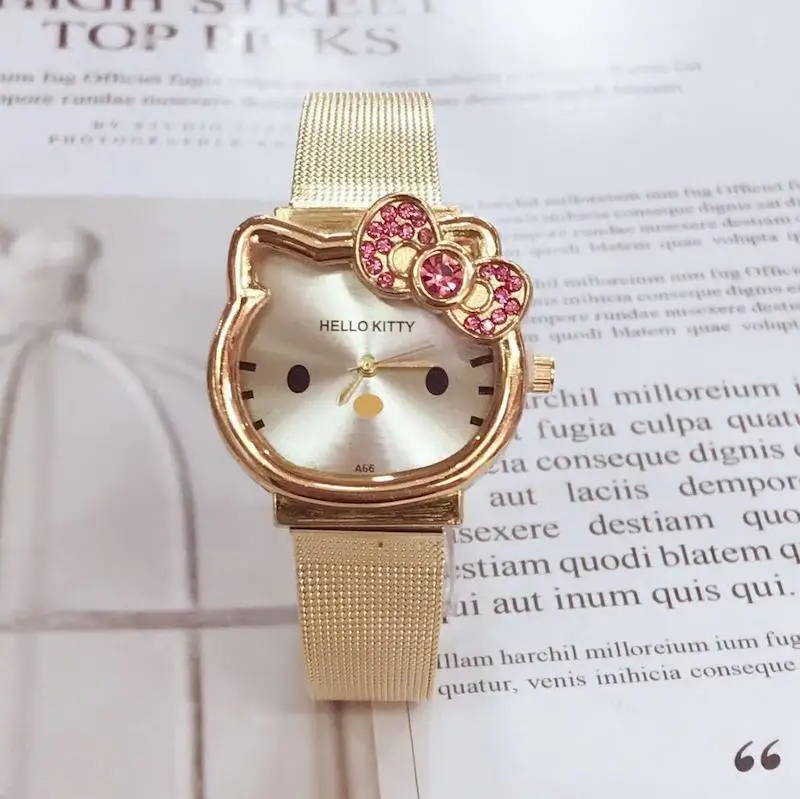 Быстрая, 50 шт./лот, сумасшедшая распродажа, часы hello kitty, стальной ремешок, женские кварцевые рождественские подарочные часы