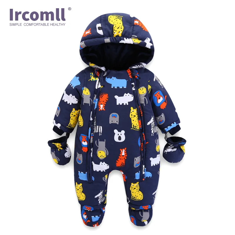Navy blue Ircomll/; детские комбинезоны для новорожденных; зимняя плотная теплая одежда для маленьких мальчиков и девочек; камуфляжный комбинезон с капюшоном и цветочным принтом; детская верхняя одежда - Цвет: Navy blue