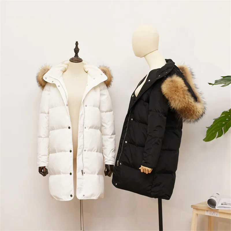 Зимняя женская куртка пуховик на утином пуху теплая толстая с большим воротником