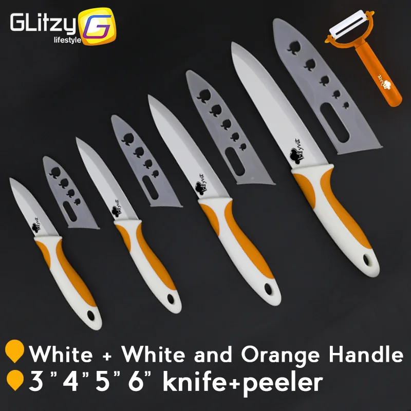 Orange White handle Керамический нож циркониевый кухонный поварской нож Vege Фруктовый нож белое лезвие " 4" " 6" дюймов+ Овощечистка набор для приготовления пищи мягкая Нескользящая ручка - Цвет: Orange White handle