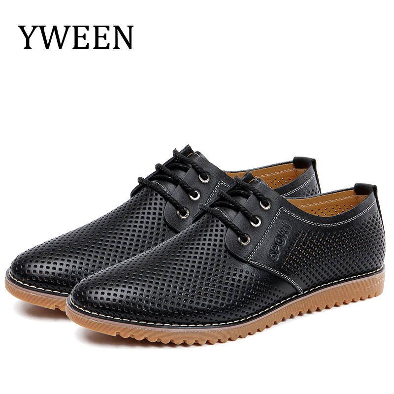

YWEEN Summer Shoes Man Leather Casual Shoes Lace-up Style Breathable Solid Flat Shoes For Men