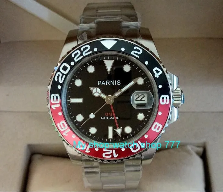 

40mm PARNIS Sapphire Crystal Asian GMT Automatic machinery movement men's watch Red&Black rotateing bezel 429
