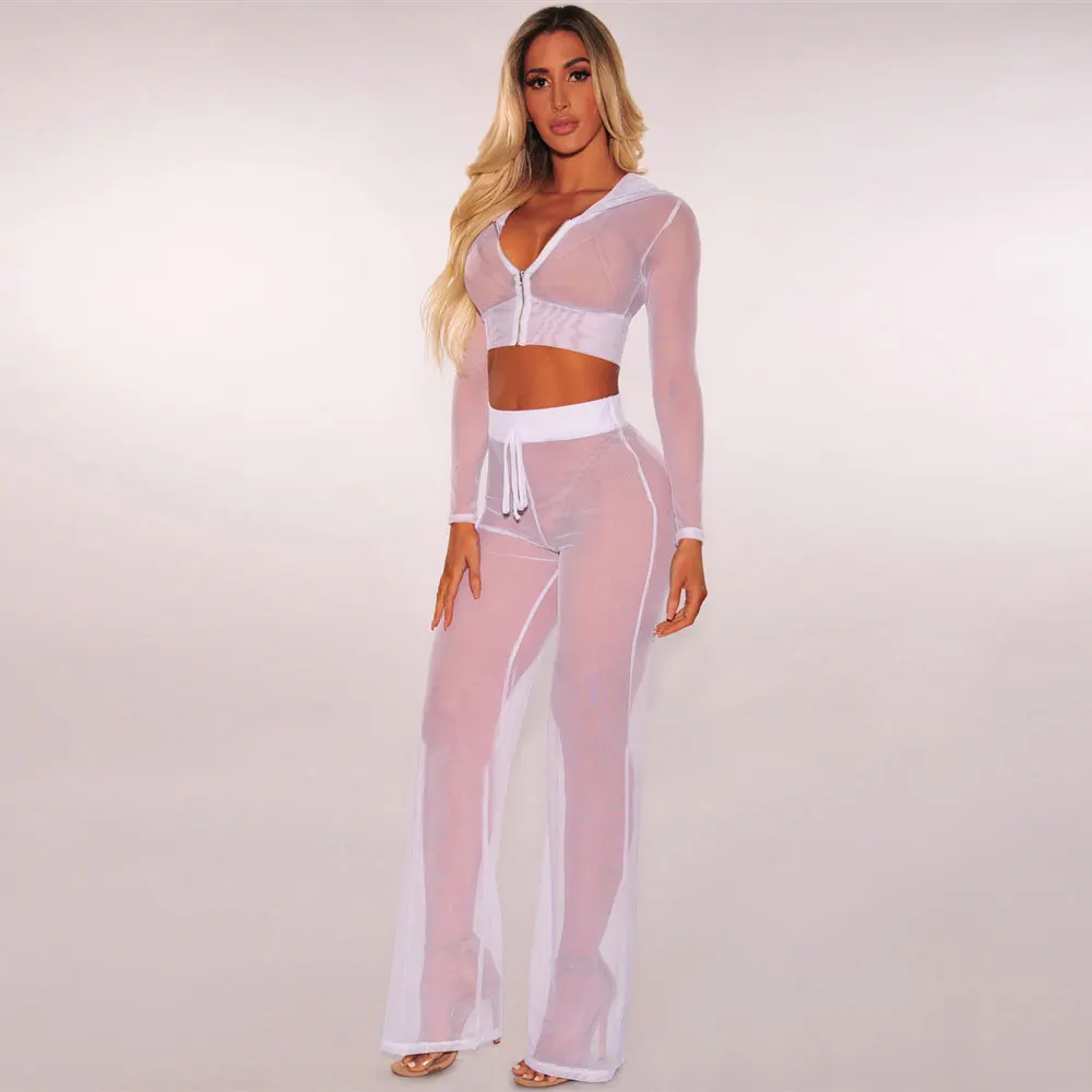 BKLD Knitted Mesh Hooded Zipper Crop Top Female Autumn 2018 See Through Sexy Loose Trousers Nightclub Party Two-Piece Sets | Женская