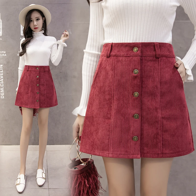 Autumn Skirts Womens Korean Fashion Casual Corduroy Skirt Women Single Breasted A-Line High Waist Mini Jupe Femme Faldas | Женская
