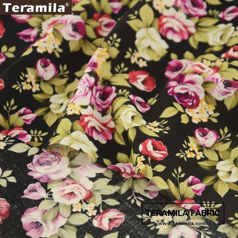 Ткань Teramila хлопок поплин черная с цветочным принтом ручная работа|textil decoration|cotton