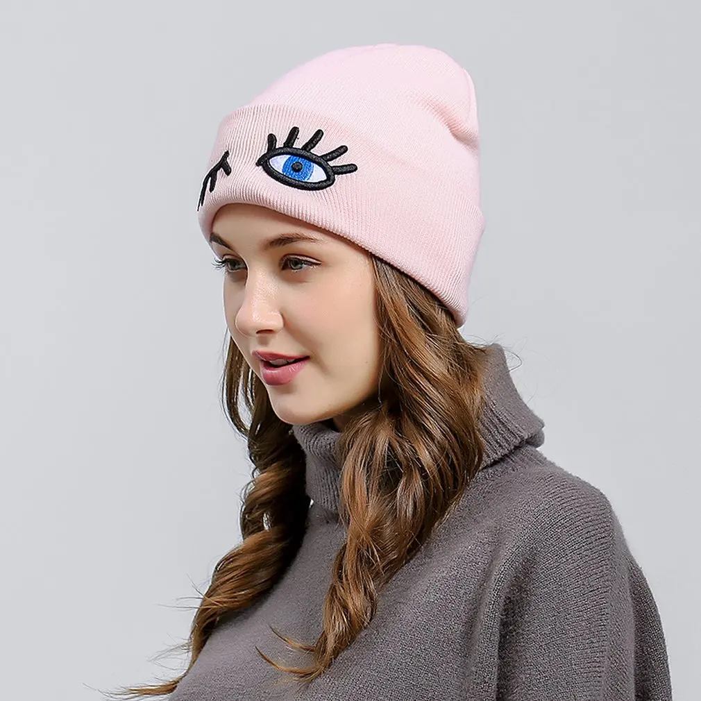 Осенне-зимние женские шапки Skullies В Стиле Хип-хоп, теплые женские шапки с забавными глазами, мягкие женские вязаные шапки