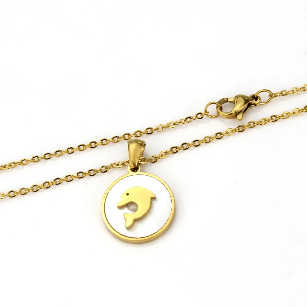 Wholesale Handmade Spiritual Round Shape Dolphin Pattern Link Chain Gold Stainless Steel Shell Pendant Necklace Jewelry | Украшения и