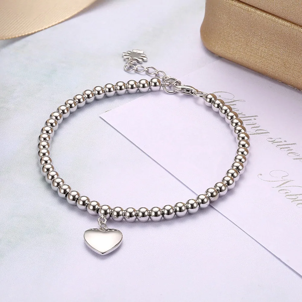 

Fashion 925 Sterling Silver Heart Shape ball Beads Bracelet for Women 16cm+3cm,Trendy Wedding Fine women's Jewelry Charm Gift
