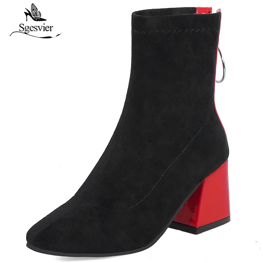 

Sgesvier Winter mixed color ankle boots women thick high heels Chelsea boots ladies patchwork winter zipper martin boots OX806
