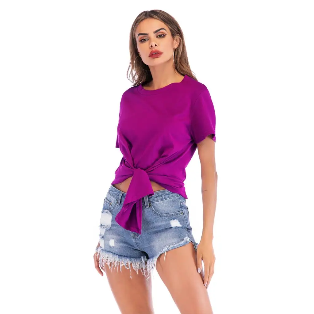 2019 лето новый крест узлом круглый вырез с короткими рукавами футболка женская