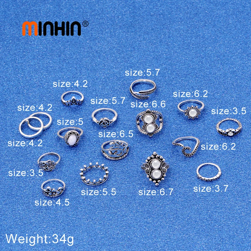 MINHIN 16 PCS/Set Vintage Knuckle Opal Finger Ring Set Flower Heart Design Rings For Women Ethnic African Wedding Jewelry |