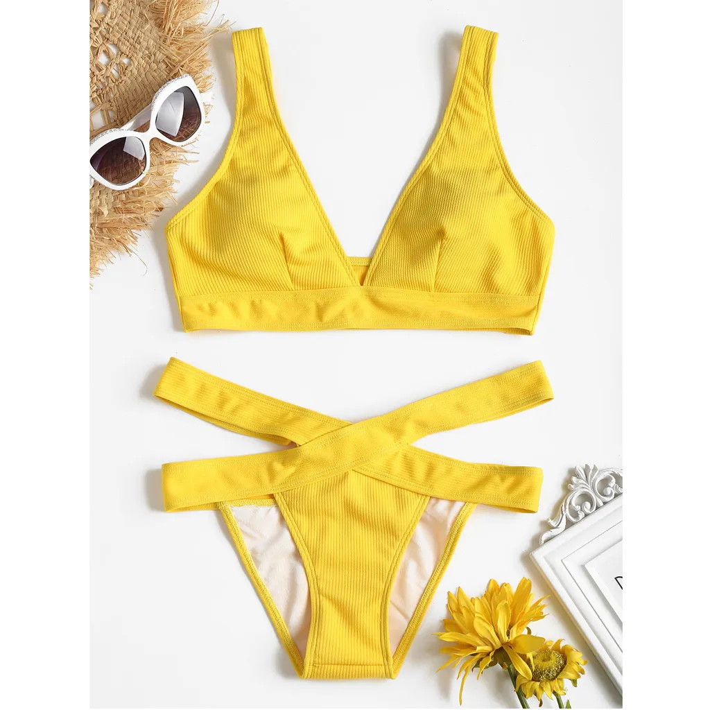 Женский купальный костюм однотонный раздельный купальник пуш ап с бюстгальтером