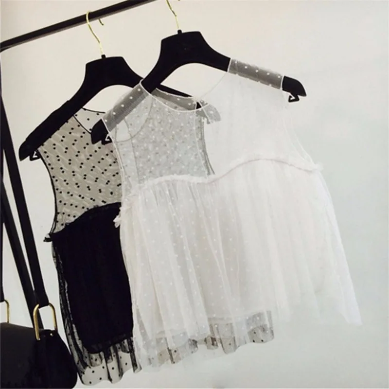 Летние милые Кружево без рукавов Для женщин футболка корейский сексуальный