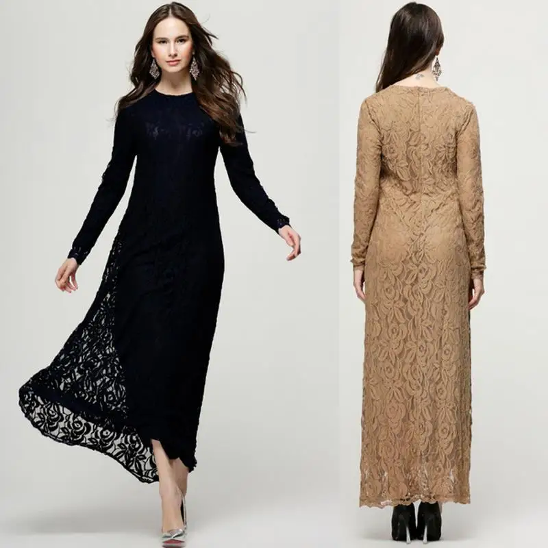 Модное мусульманское платье женское кружевное элегантное абайское длинное с