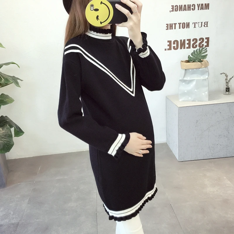 Осенний Новый Модный вязаный свитер с оборками платья для беременных Одежда