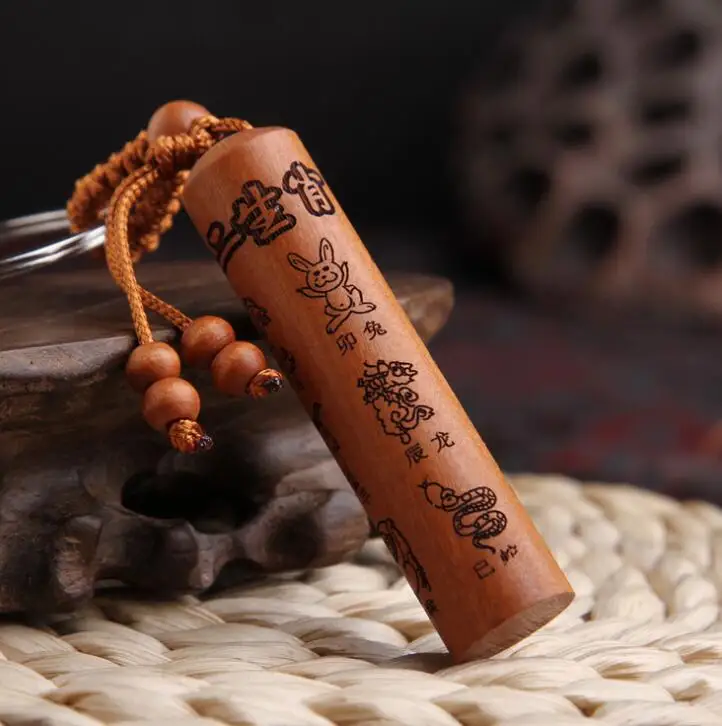 

Chinese Peach Wood Carved Cylinder Pendant Twelve Zodiac Animal Exquisite Car Key Chain Pendant